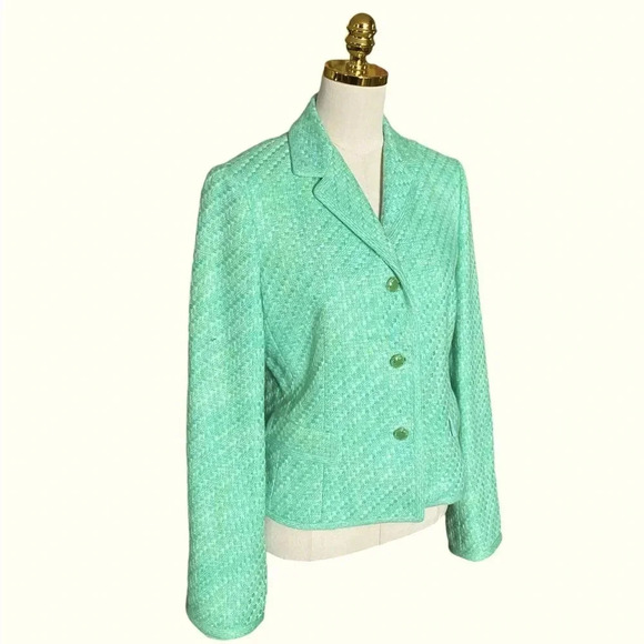 ELIE TAHARI Women Mint Green Woven Tweed 100% Cotton Office Career Blazer Sz 12 - Picture 2 of 10